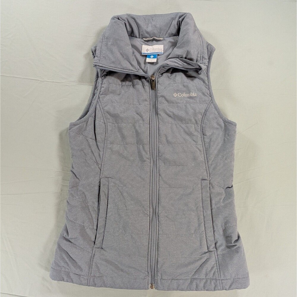 Columbia Gray Quilted Zip Vest Pockets Lined Mid-Length Women's Size Small Flaw